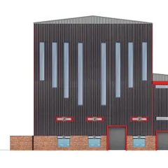 A detailed view of the steel factory's elevation. The design incorporates long vertical windows to allow natural light into the vast industrial space, breaking up the massive scale of the facade and adding a functional design element.