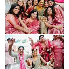 A collage of the bride celebrating her Haldi with her family and friends, capturing group hugs and playful moments.
