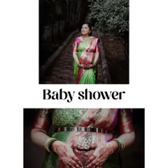 A diptych showing a portrait of the mother-to-be at her baby shower and a close-up of her hands, adorned with henna, cradling her baby bump. This highlights the beauty and tradition of the event.