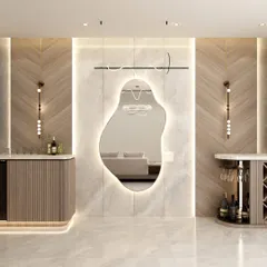 This render for our Garden Bay Prestige Woodside project shows a sophisticated bar and living area, defined by a backlit amorphous mirror and ribbed wood paneling.