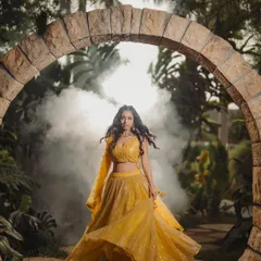 This image blends vibrant ethnic fashion with a touch of magic. The movement of the lehenga, the stone archway, and the atmospheric smoke create a captivating scene for a designer lookbook or campaign.