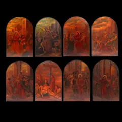 This composite image shows the complete set of eight oil on tin-sheet paintings, circa 1850. The collection narrates the 'Via Dolorosa', Jesus Christ's steps to crucifixion, a significant and rare find of biblical art in India.