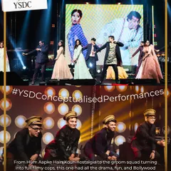 This collage showcases our conceptual performances, from recreating nostalgic movie moments to turning the groom squad into filmy cops. We love bringing blockbuster energy to the stage.