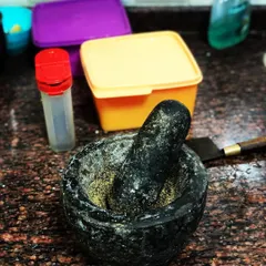 My Amma taught me that for a good pachadi, the mustard should be seen, not turned into a fine paste. I still use a mortar and pestle for this, as the old ways often produce the best results.