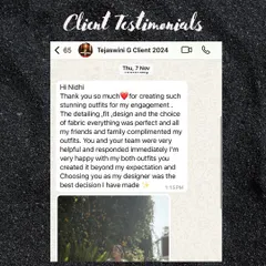 "Choosing you as my designer was the best decision I have made." Words like these from my client Tejaswini make all the hard work worth it. I'm so happy she loved her engagement outfits.