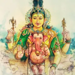 A stunning watercolor painting of Goddess Parvati and Lord Ganesha by a featured artist. This piece beautifully blends traditional iconography with a soft, modern watercolor technique.