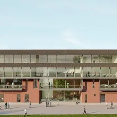 These renders showcase the masterplan for a new Nursing College at our multispecialty hospital project in Dolvi. The design features interconnected buildings and open plazas, creating a campus environment that fosters community and integrates learning with living.