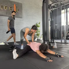 Caught in the act of being playful during practice. My friend and I were about to attempt a partner pose, launching a Kakasana on top of her Upavistha Konasana. Yoga should always have room for fun.