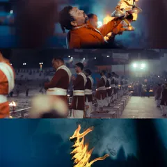A collage from the evening Ganga Aarti at Triveni Ghat, Rishikesh. It showcases the fiery rituals and the deep devotion of the priests, captured with a cinematic and emotional style.