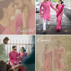 A collage of a couple in matching pink outfits, capturing their candid walk and intimate moments together.