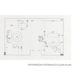 Everything starts with a plan. This is the original floor plan for the showroom entrance, mapping out the flow and placement of key functional zones like the reception, waiting lounge, and display areas.