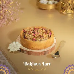A beautiful shot of my Baklava Tart, topped with delicate rose petals. It's a centerpiece-worthy dessert for any Diwali celebration.