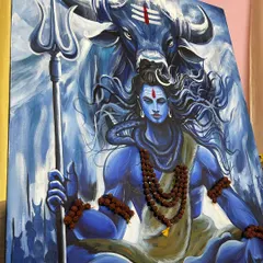 An angled view of the Mahadev painting, showing the texture of the canvas and the depth of the colors. The lighting highlights the details on his Trishul and the Rudraksha beads.