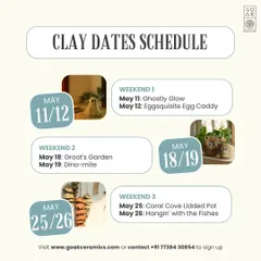 Our May schedule is packed with fun, single session workshops. Choose from a variety of projects like our 'Ghostly Glow' incense burner, 'Eggsquisite' egg caddy, or a 'Coral Cove' lidded pot.