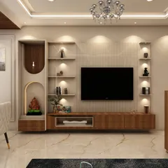 This view showcases the integrated TV and pooja unit, demonstrating how we blend spiritual spaces seamlessly into modern living room layouts with dedicated, beautifully lit niches.