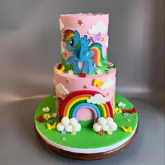 Another angle of the 'My Little Pony' cake, showing the vibrant colors and detailed fondant accents. I focus on using ganache for the main cake so you get that clean look and delicious taste.