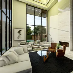 A space where modern design meets architectural intent. We used floor-to-ceiling glass windows to flood the interiors with natural light, while a distinct grid ceiling and sculptural furniture pieces define the living area as a curated, contemporary masterpiece.
