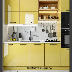This vibrant yellow kitchen features handle-less cabinets and a marble-patterned backsplash. The open wooden shelves with backlighting add a warm, decorative touch.