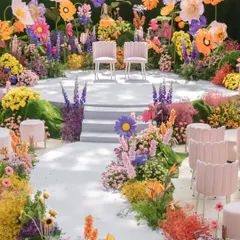 A whimsical and vibrant wedding stage, where the couple is surrounded by a fantasy garden of oversized, colorful flowers. This design is all about joy, color, and creating a one-of-a-kind fairytale moment.