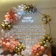 An elegant home decoration featuring a balloon ring in peach, white, and gold. The neon sign adds a modern touch, and the whole setup is ready in just one hour for your convenience.
