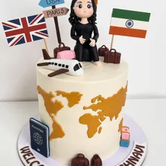 From an AI reference to a real-life creation. This travel-inspired cake celebrates graduation and new beginnings, featuring a handcrafted figurine, a world map design, and edible flags, suitcases, and a passport.