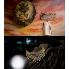 A collage of artistic detail shots, featuring the groom's attire and the bride's statement necklace, setting the mood for the celebration.
