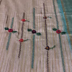 A close-up of the delicate, vine-like embroidery patterns that run vertically along this custom saree.