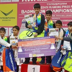 Celebrating a double victory for our player Arjun Singh Raghav at the Delhi State Badminton Championship. He stands on the number one podium after winning both the Boys Singles U-11 and Boys Doubles U-11 categories.