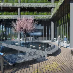 This rendering shows a tranquil water feature and seating area at the base of the MSR Tower. These biophilic elements are integrated to create a calming arrival experience.