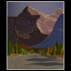 A rough, expressive digital painting of a road leading towards the mountains. This piece is for when the mountains are calling and you must go.