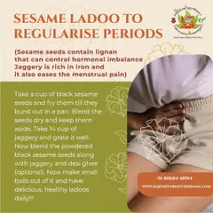 This simple recipe for sesame ladoo can help regularize periods. Sesame seeds help balance hormones, while jaggery is rich in iron and can ease menstrual pain, making this a delicious and healthy remedy.