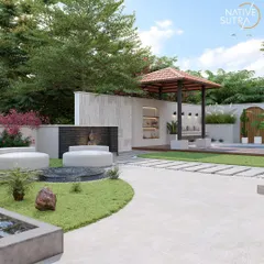 This expansive backyard was designed as a complete outdoor retreat. It features a swimming pool, a covered seating area, a water feature with a Buddha statue, and plenty of green lawn, creating multiple zones for relaxation and meditation.