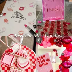 A "Kiss The Miss Goodbye" theme is a fun and interactive idea for a bridal shower. This concept includes a lipstick print guestbook, themed cookies, and a vibrant pink and red color scheme.