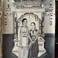 This painting holds a special story. The couple didn't have a wedding photo, so their family asked me to create one. Using their individual photos and references of traditional Mangalore Brahmin wedding decor, I painted the memory they never had a chance to capture.