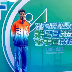 Representing India at the highest level. Our student Harshit Pandey in his official Team India tracksuit at the 23rd Asian Karate Championship in Shaoguan, China.