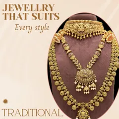 This image showcases a traditional bridal set with a temple-style choker and a long, layered haar. This style is perfect for heritage-rich ceremonies like haldi, mehendi, and festive pujas.