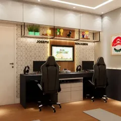 The ultimate gaming room for two brothers, featuring a personalized dual-desk setup, ergonomic gaming chairs, and Super Mario themed decor. The backlit shelf is perfect for displaying collectibles.