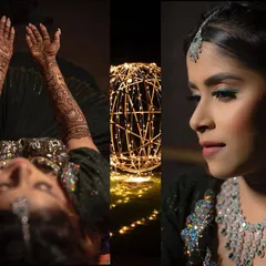 An artistic collage from a Mehendi night. We capture the intricate details of the henna on the bride's hands, along with a stunning profile portrait highlighting her glamorous makeup.