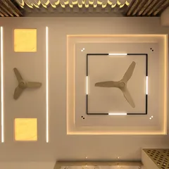 This 3D model showcases a sophisticated ceiling design for a client's living room. We use these detailed renderings to finalize complex elements like recessed onyx panels, integrated lighting, and fan placement before any physical work begins.