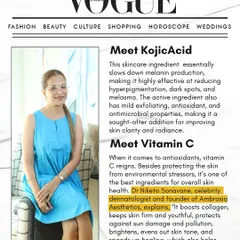 In this Vogue India feature, I explain the benefits of Vitamin C for boosting collagen, protecting against sun damage, and speeding up the healing of acne scars.
