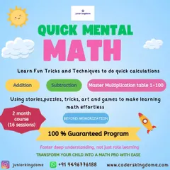 This graphic details our Quick Mental Math course. It's a 100 percent guaranteed program that uses stories, puzzles, and games to teach addition, subtraction, and multiplication tables up to 100.