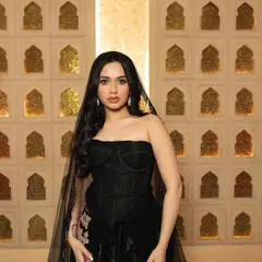 A portrait of Jannat Zubair for her feature in GlobalSpa Magazine. The intricate background and elegant styling create a sense of luxury.