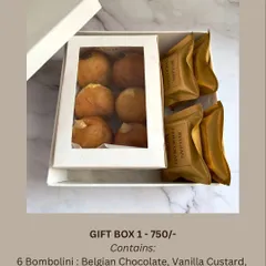 My Rakhi Edit includes a variety of gift boxes. This option combines two favorites: a box of six assorted bombolini and four of my signature Belgian chocolate brownies.