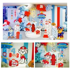 A complete Paw Patrol party setup for Inay's 4th birthday. This collage shows the main stage with the Lookout Tower, character props, and a close-up of the themed cake topper.