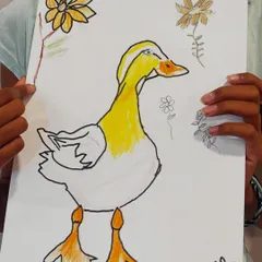 This artist chose a minimalist approach for her duck drawing, using simple outlines and selective color to make her subject stand out.