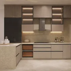 Functionality is key in our designs. This view highlights the custom storage solutions, including deep drawers for pots and pans, and integrated wicker baskets for storing fresh produce.