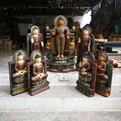 A collection of our new colorful Buddha statues, ranging from 18 to 36 inches. This image shows the variety of poses, including seated meditation and standing blessing, all hand-painted with an antique finish.