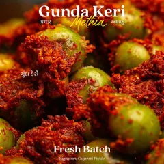 A fresh batch of our Gunda Keri Methia aachar, ready to be jarred. The vibrant red from the spices and the green of the gunda berries make it as beautiful as it is delicious.