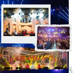 A collage capturing the electrifying energy of a Sangeet night. With professional stage lighting, CO2 jets, and confetti, I transform the dance floor into a concert-like experience.