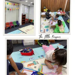 A glimpse into our Little Fingers classroom. This collage shows our bright, welcoming space and children focused on their musical art projects on the floor.